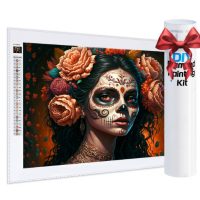Diamantové maľovanie s guľatými diamantmi - Halloween kvetinová dáma, 25 x 35