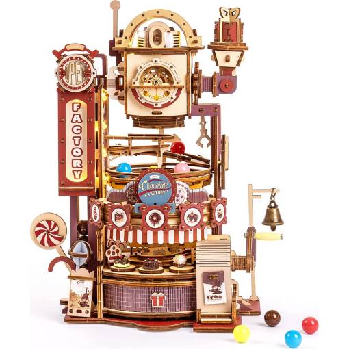 Foto - ROBOTIME Roker 3D drevené puzzle - Guličková dráha, Továreň na čokoládu s LED svetlami, 420 dielikov